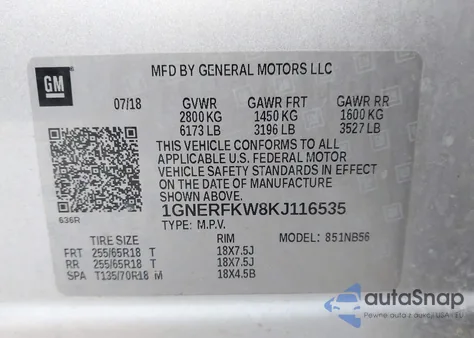 2019 Chevrolet Traverse Ls из США, поврежденный, VIN 1GNERFKW8KJ116535